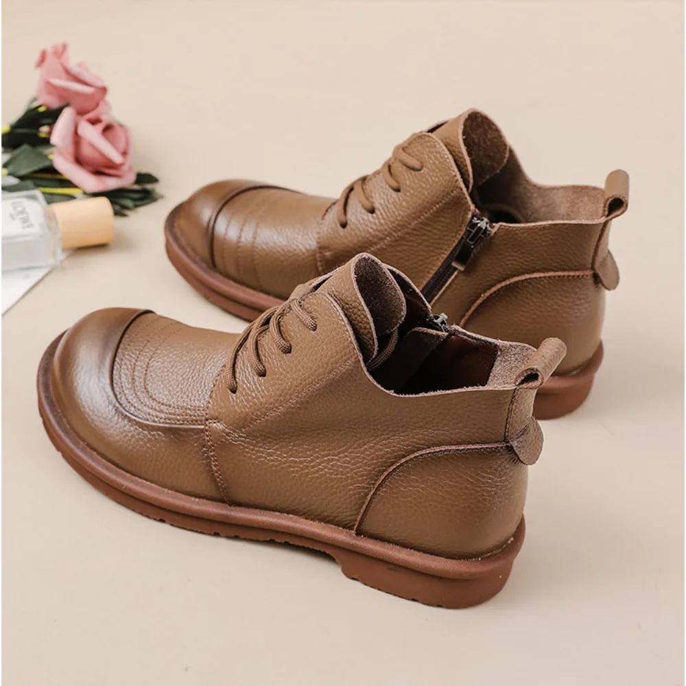 Women'S Boots  Autumn/Winter New Retro Single Boot Low Heel Short Boot British Style Genuine Leather Round Toe Womens Shoes