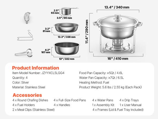 4er-Set Chafing Dish Buffet Set Edelstahl Chafer mit 4 Vollsize-Schalen Runde Catering-Warmhaltebehälter für Party-Bankette