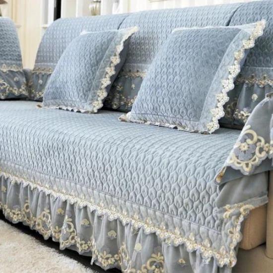 European Style Large Skirt Sofa Mat Four Seasons Short Plush Anti Slip Sofa Cover Simple Lace Solid Color Backrest Towel