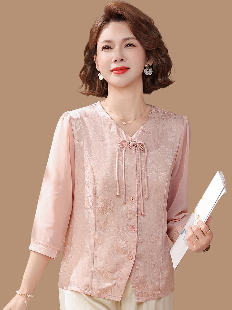 Fashionable 2026 Chinese Style Seven-Sleeve Chiffon Blouse for Middle-Aged & Elderly Women