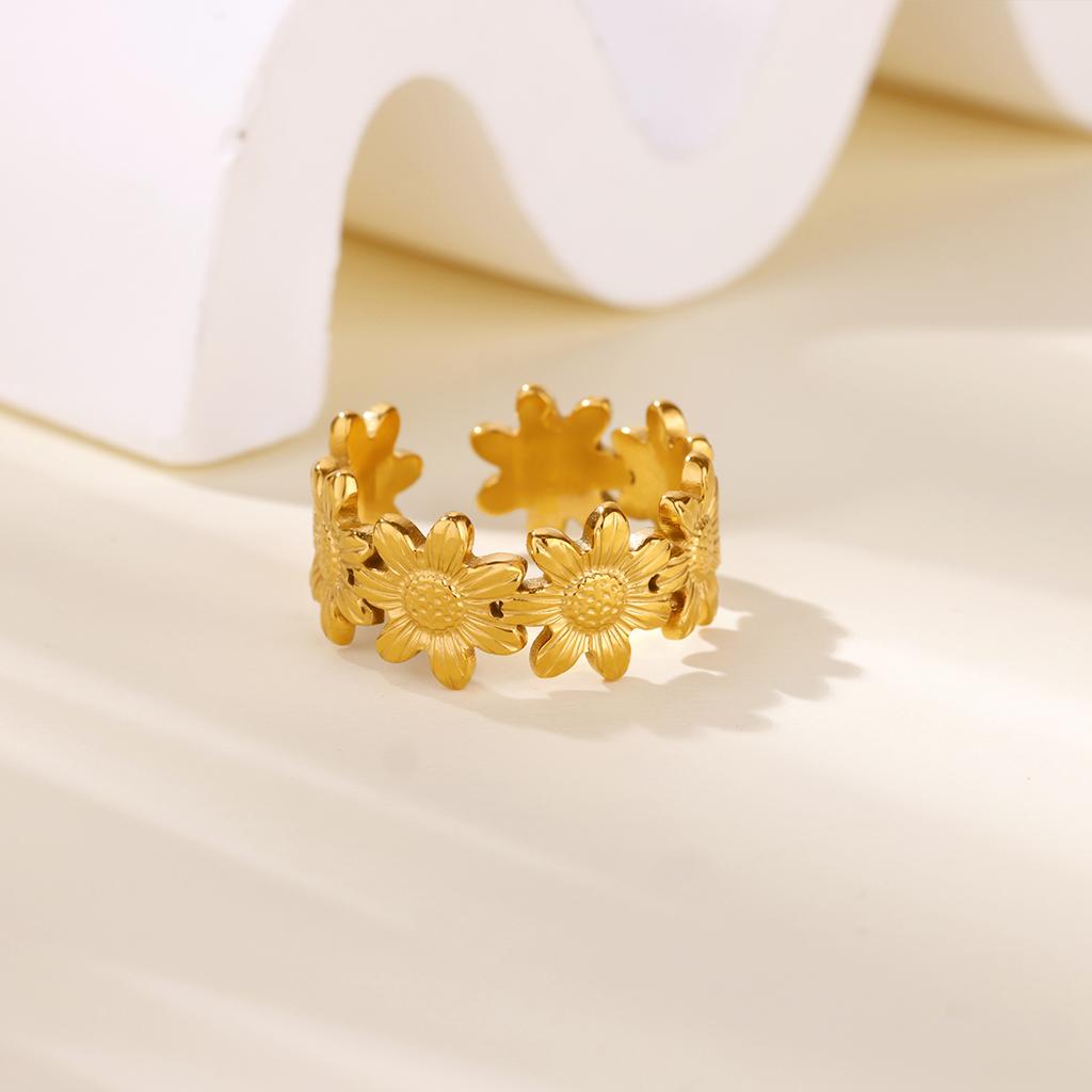 Gold Color Stainless Steel Delicate Flower Rings for Women Fashionable Elegant Versatile Wide Finger Ring Daily Wear Jewelry