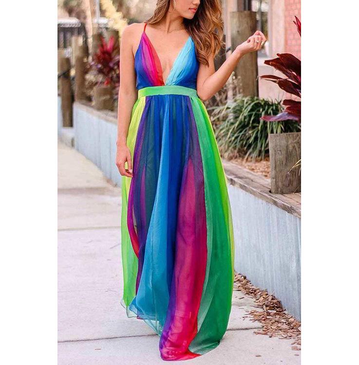2025 Spring/Summer European & American Women's Sexy Deep V Rainbow Chiffon Dress