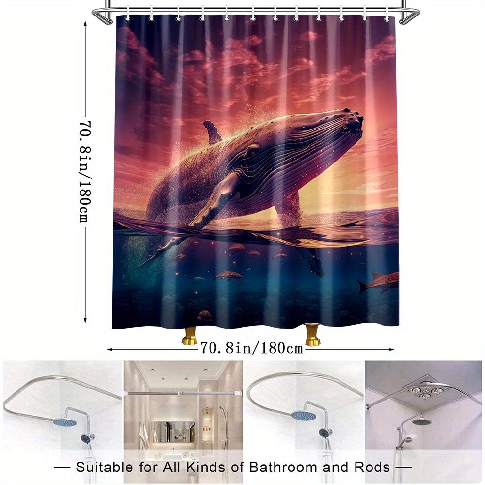 1pc Ocean Whale Shower Curtain - Vibrant Underwater Scene with Majestic Whale & Fish Design, Sunset Sky & Oceanic Theme, Durable