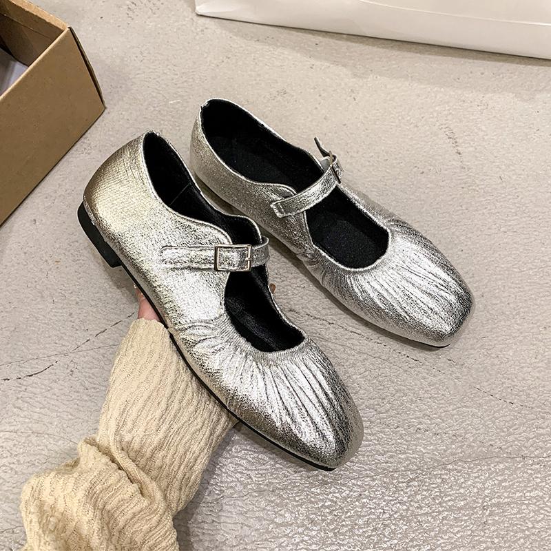Leather Casual Flats Shoes for Women Spring 2025 Low Heels Shoes Buckle Straps Classic Office Daily Size