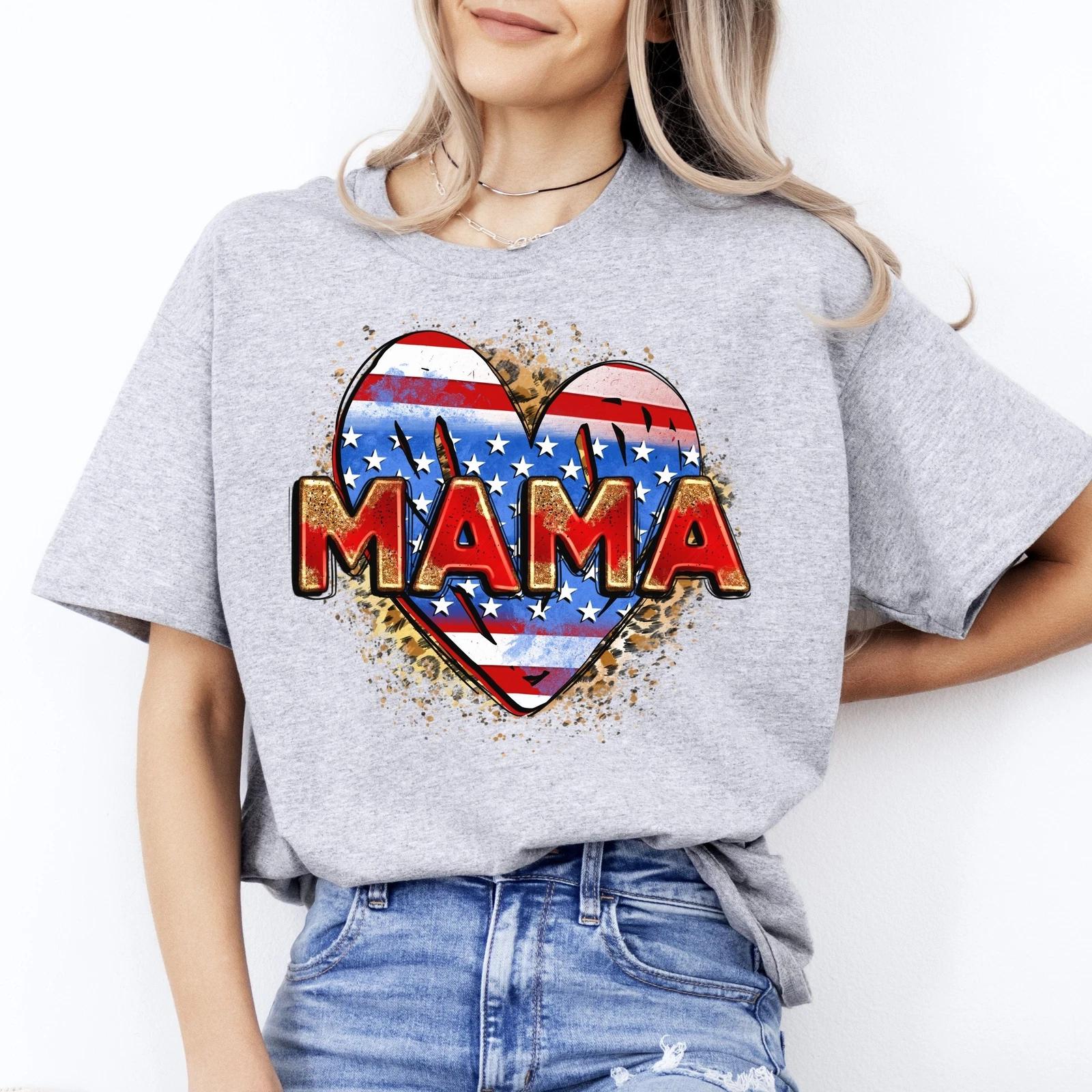 American Mama heart T-Shirt US flag heart mom Unisex tee White Sand Grey 4XL