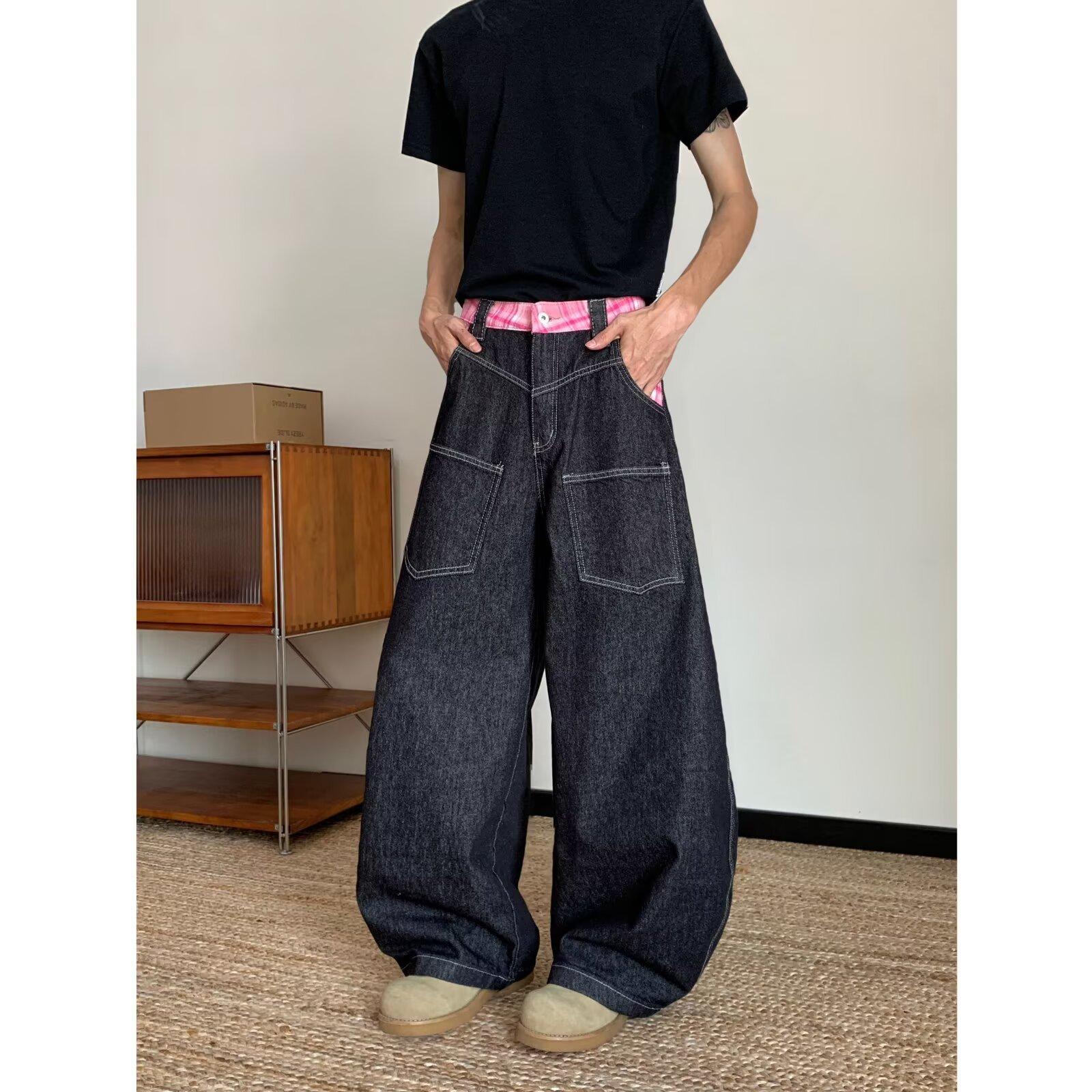 

JYL Унисекс Джинсы с кромкой Красный край Клетчатый Розовый шов Bootcut Джинсовые брюки S амарантовый