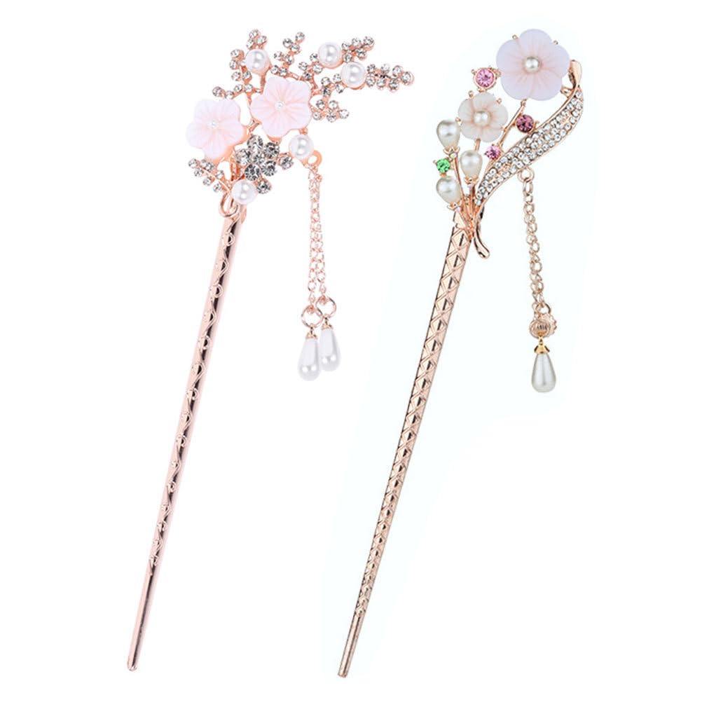 2 Pcs Rhinestone Pearl Flower Hair Stick Chinese Hair Chopsticks Vintage Tassel Hair Pin Chignon Pin Hair Styling Making Accessories for Women