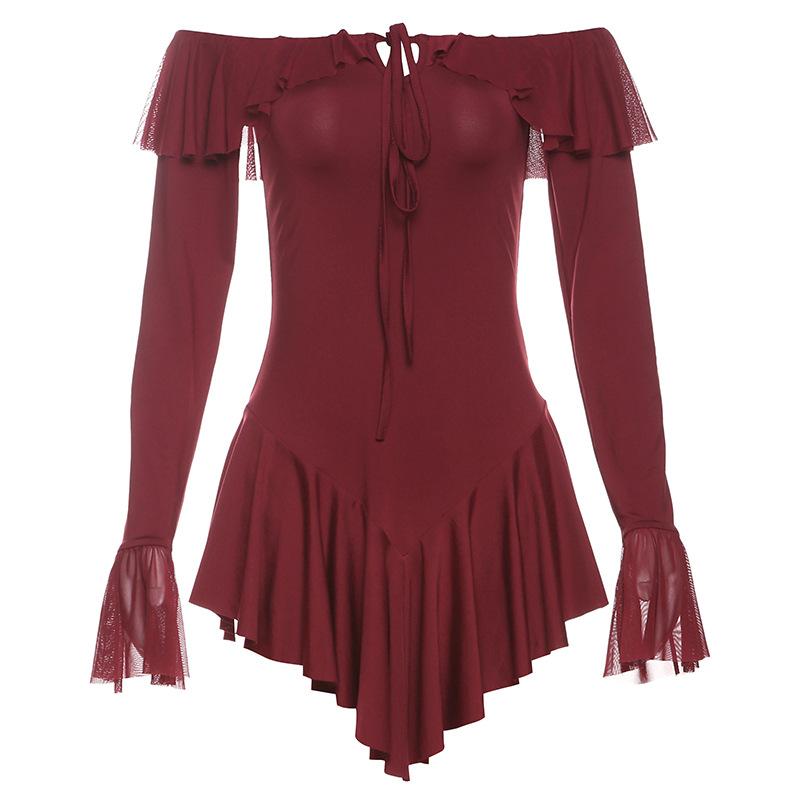 

Новая осенне-зимняя женская одежда, темпераментное платье на одно плечо, сексуальное платье с открытой спиной и оборками, однотонное платье по фигуре M бордовый