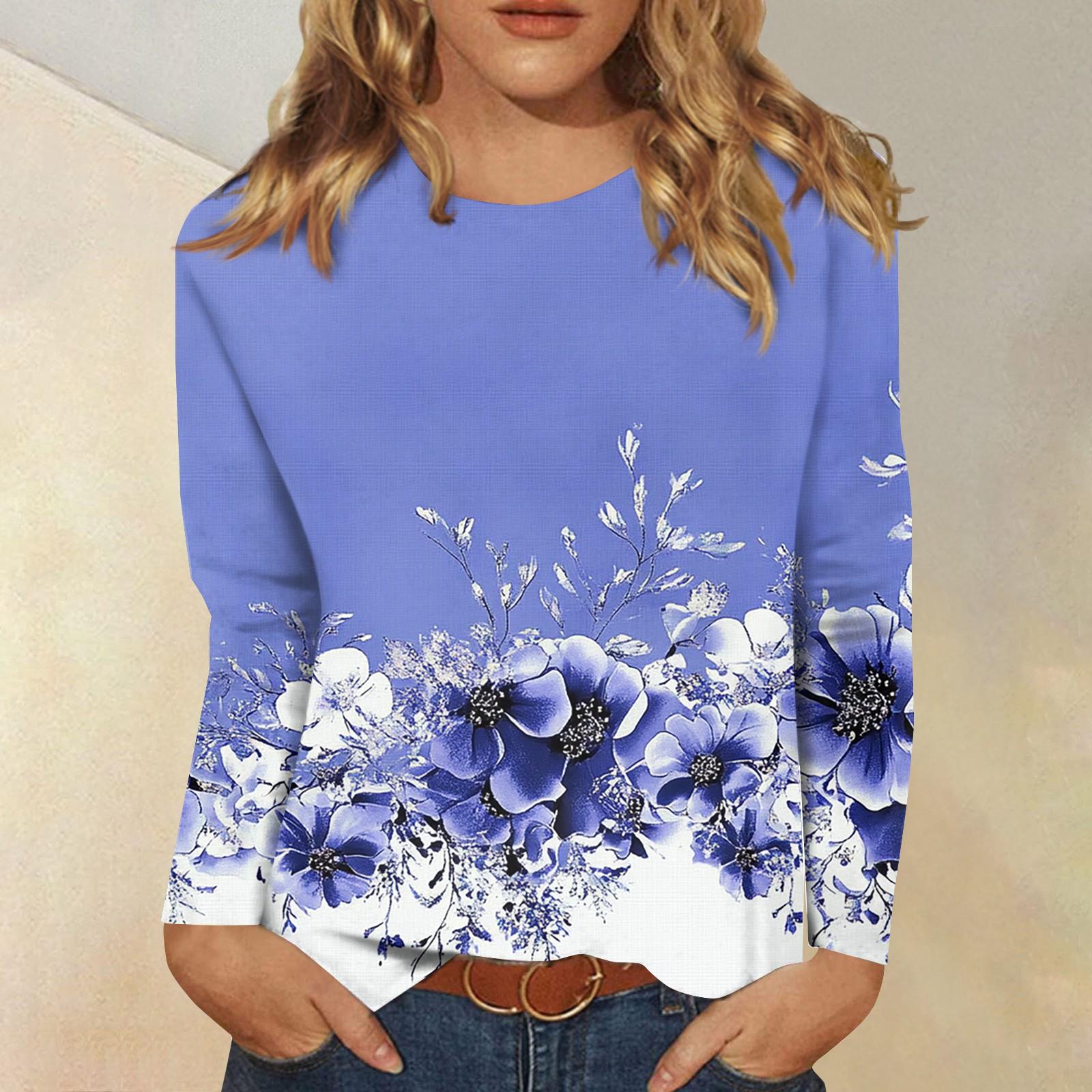 

Женская модная повседневная футболка с круглым вырезом и длинным рукавом с принтом, топ S синий