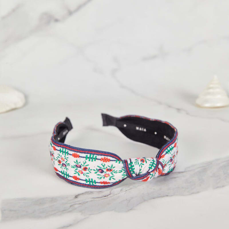 

MAIA Зеленая жаккардовая повязка для волос с цветочным узором - Завязанная бело-зеленая Knot-shaped white green