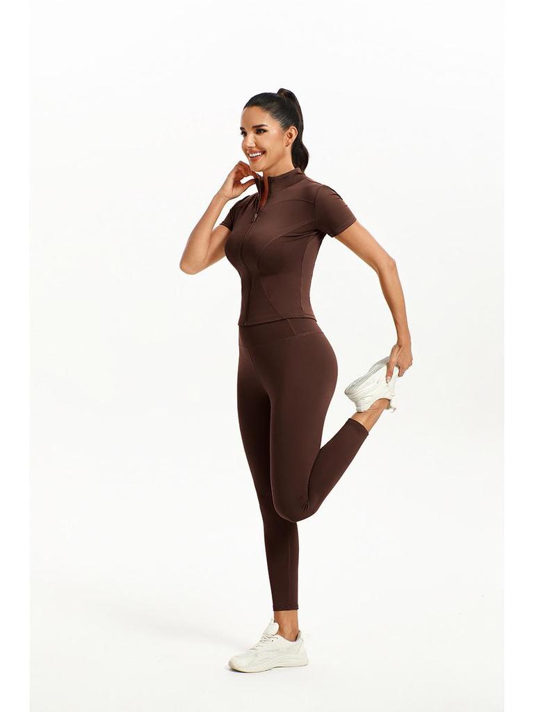 European & American Solid Color Yoga Two-Piece Set: Short Sleeve Top & Nine-Point Pants