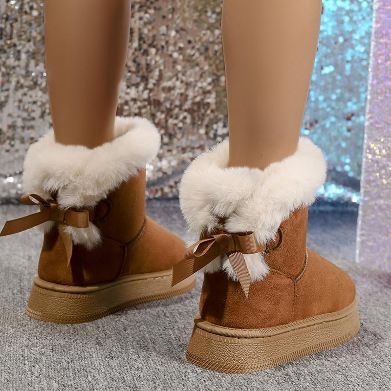 Fashionable Bow Round Toe Elegant Snow Boots Winter Flat Soft Students Plus Velvet Warm Women's Shoes