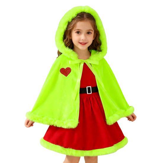 Girls Christmas Cape Dress with Fur Trim Red Holiday Performance Costume for Toddlers 1-6 Years Fancy Party Dress Accessory