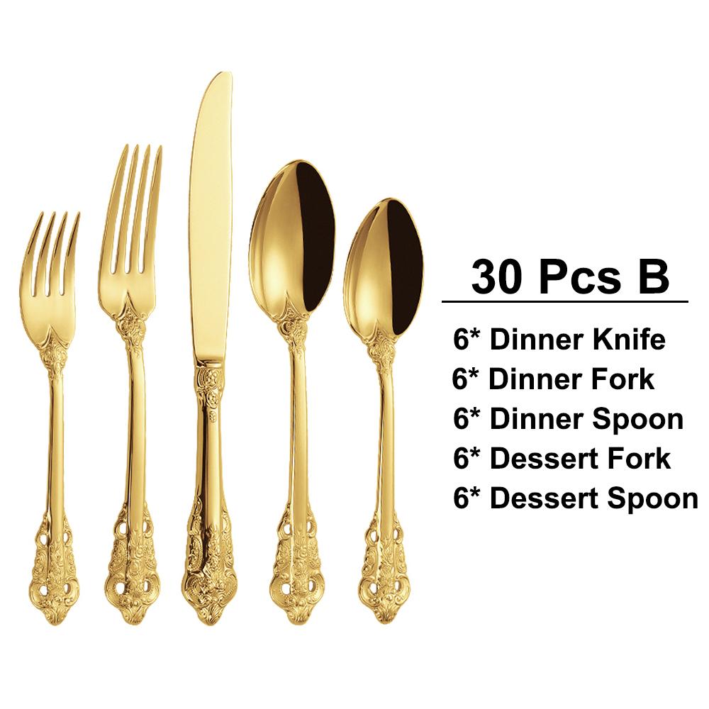 30 Pieces Gold Plated Luxury Cutlery Set Stainless Steel Vintage Western Tableware Sliver Knife Spoon Fork Set Kitchen Utensils