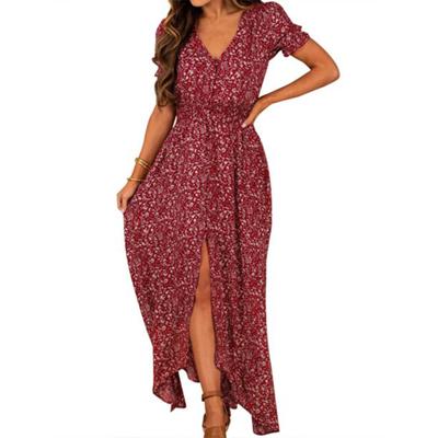 Women Print Dress V Neck Short Sleeve Maxi Dress