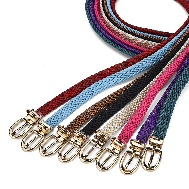 Womens Elegant Slim Woven Belt With Decorative Gold Buckle For Stylish Dress And Shirt Outfit