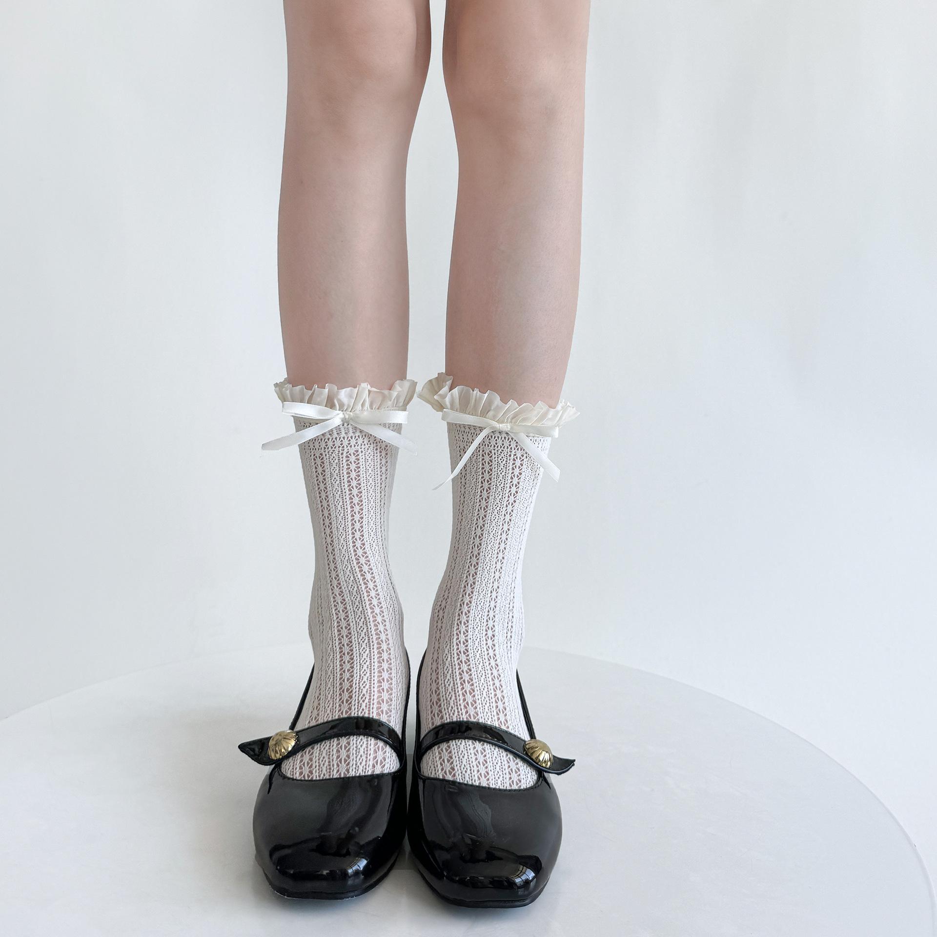 

Women s mid-calf mesh thin breathable lace socks with Mary Jane lace trim, hollow-out lace, and bowknots. free size
