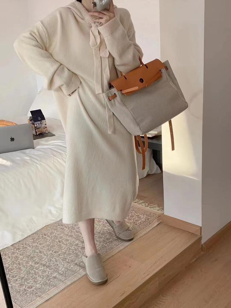 Vintage Long-sleeved Knitted Dress Women's Autumn and Winter Purple Gray Meat Covering and Thin Lazy Hooded Lace-up Sweater Skirt