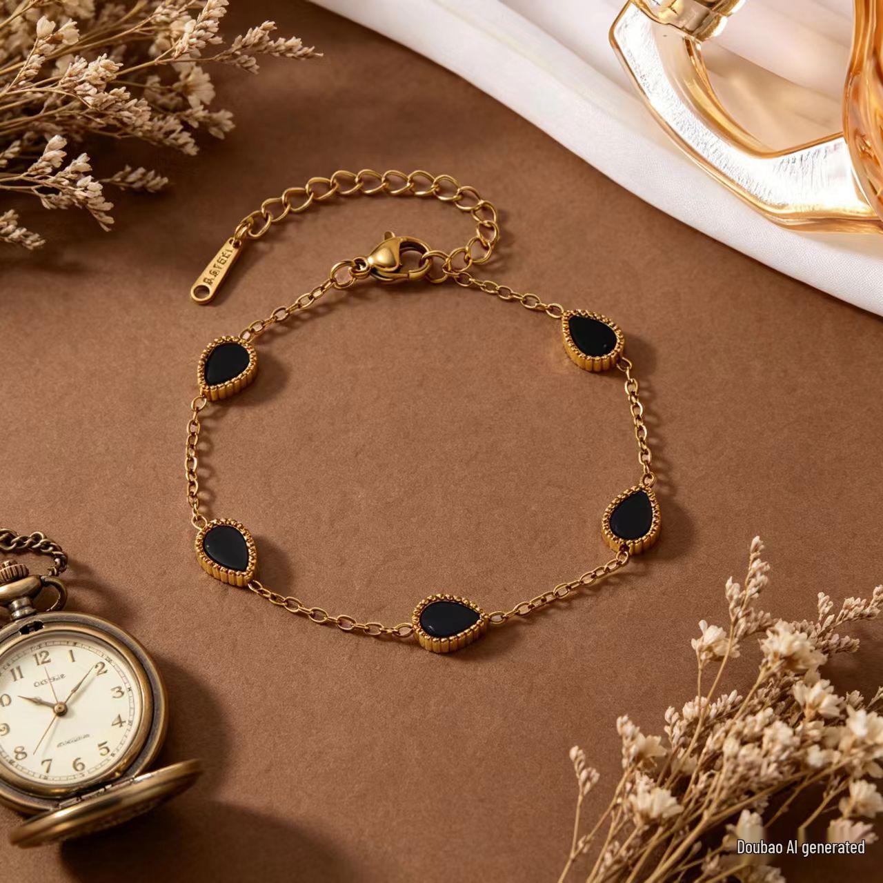 Elegant 18K Gold-Plated Mother-of-Pearl Titanium Steel Bracelet for Women - Fashionable Water Drop Design 18K Gold