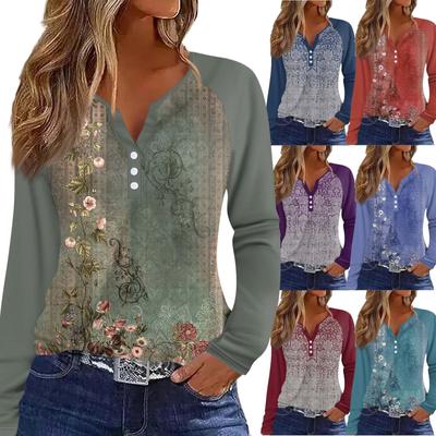 Women's T Shirt Tee Print Button Long Sleeve Raglan Sleeve Daily Weekend Fashion Basic V Neck Regular Top