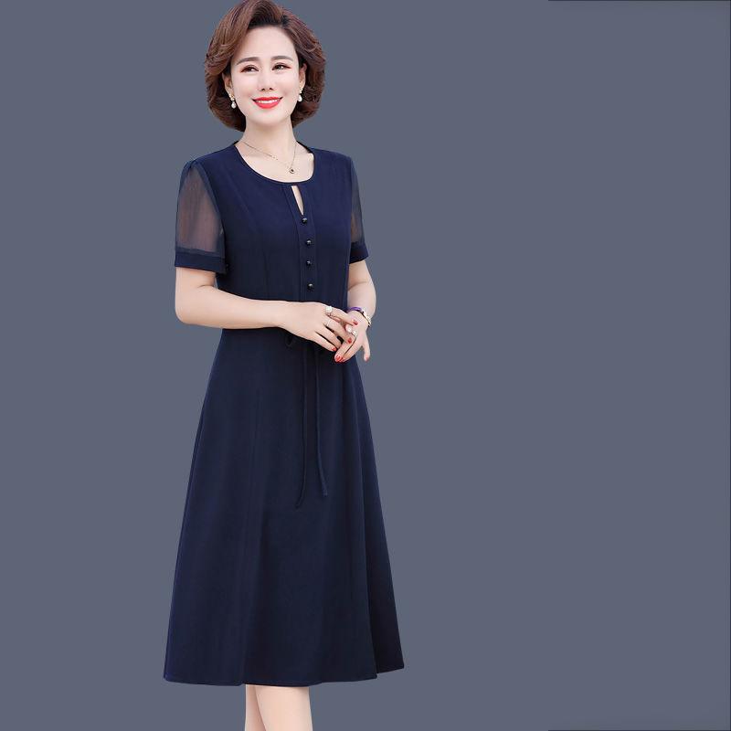 Mid-length L-XXXXXL Women's Summer Dress Chiffon Veil  Round Neck Short Sleeve Solid Color Daily Wear
