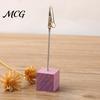 Metal Pole Memo Stand 2 Pcs Wooden Cube Base Holder with Clips, Mini Table Smooth Open Close Clip Number Stands for Name Cards, Photos, Memos,