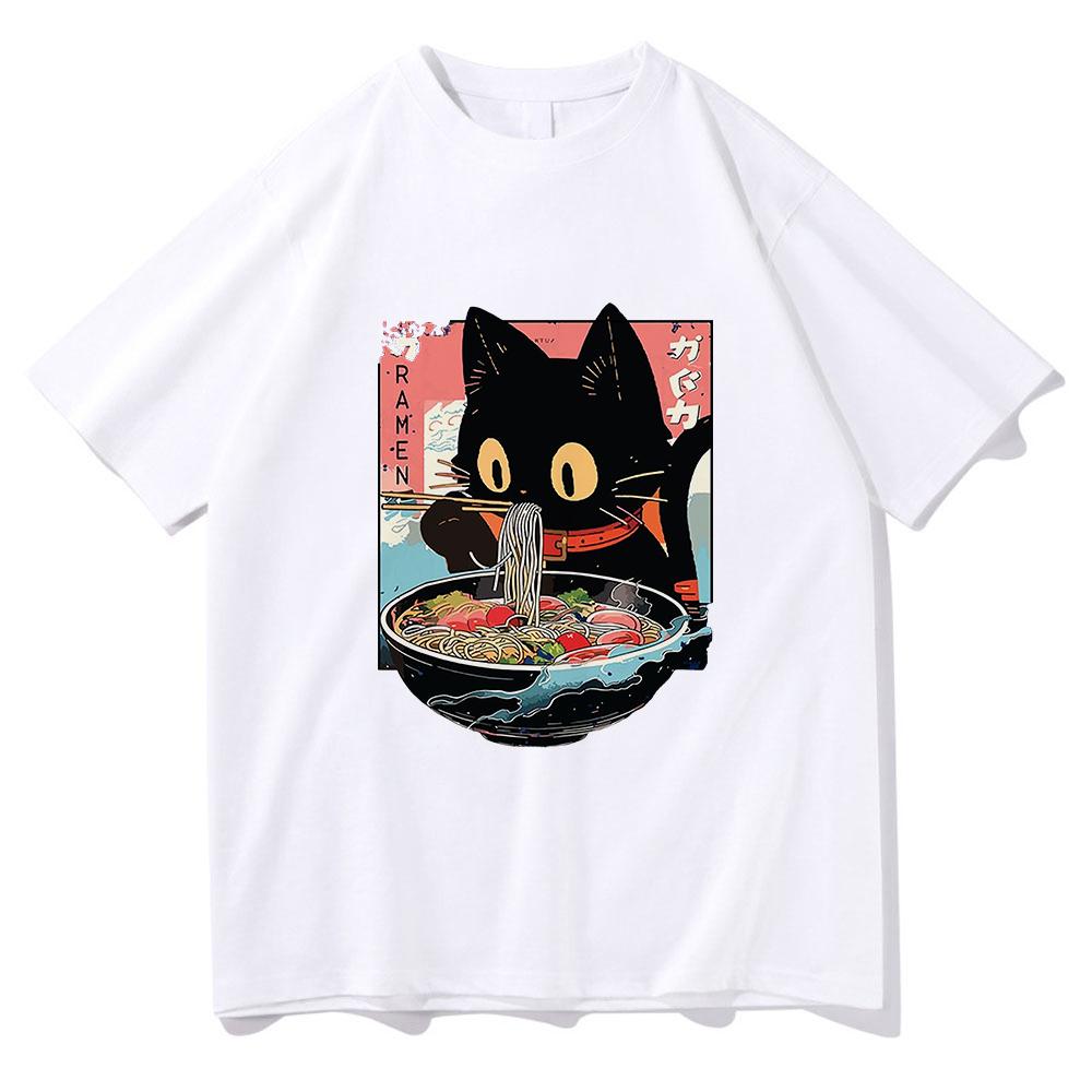 Summer Kawaii Cat Eating Ramen Noodles Anime Tshirt Men/women Clothing Harajuku Clothes Unisex Tops Tees Graphic T Shirts Summer