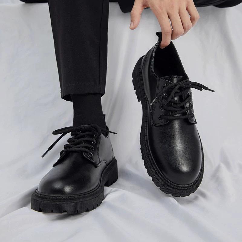 Men's Casual Leather Shoes Thick Bottom Leisure Trendy British Style Winter New Arrival Breathable round Toe Low Heel leather