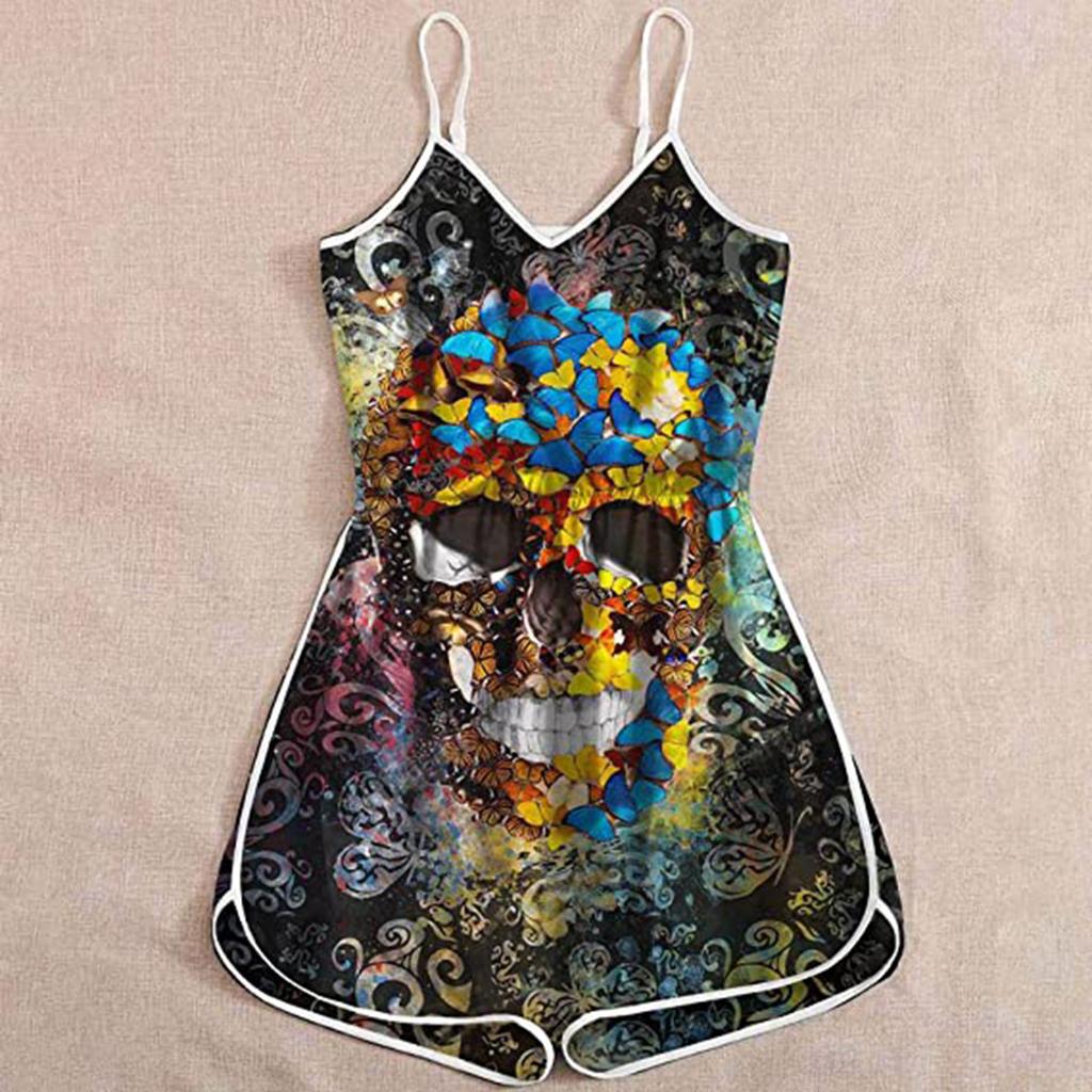 Wish Halloween print lady skull suspender jumpsuit