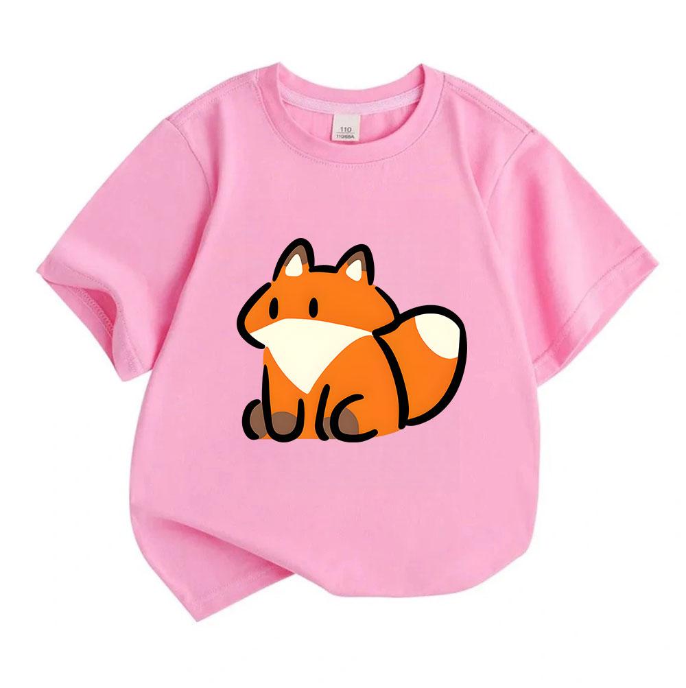 Cute Cartoon Fox Print Kids 100% Cotton Crew Neck Short Sleeve T-Shirt for Boys Girls Soft Breathable Casual Daily Wear Lightweight Summer Tees Tops f