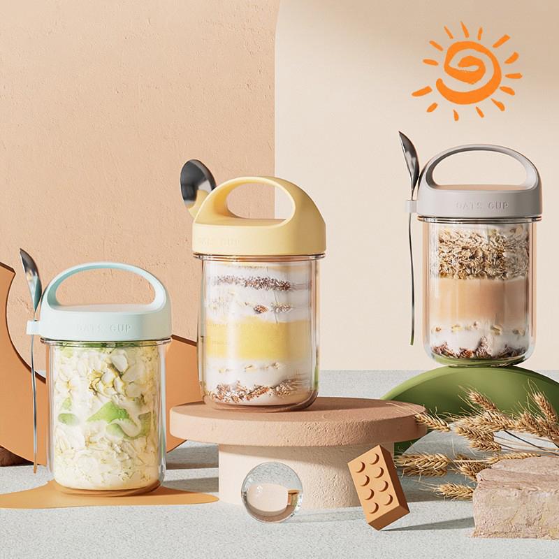 430Ml New Breakfast Cups Oatmeal Cereal Nut Yogurt Salad Cup Leakproof Glass Oats Container With Lid Spoon Food Storage Box