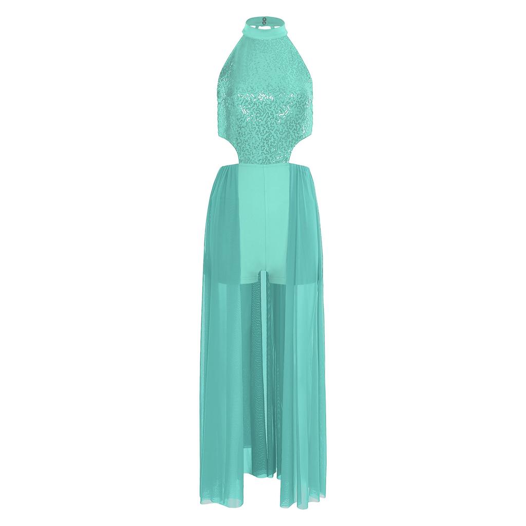 Damen rückenfreies Bodysuit-Kleid Pailletten-Oberteil Netzrock integrierter kurzer Unterteil Tanzkleidung