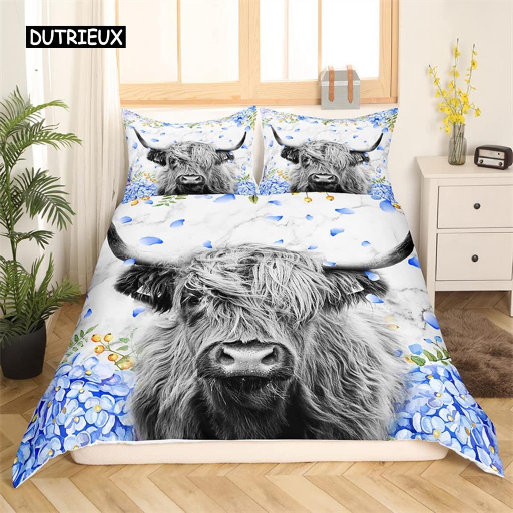 Bettbezug mit Highland-Kuh-Motiv, Western-Bettwäscheset mit Bauernhoftieren, King-Size-Bett, für Jungen und Mädchen, Mikrofaser, Blumenmuster, Bullen- und Rinder-Bettbezug