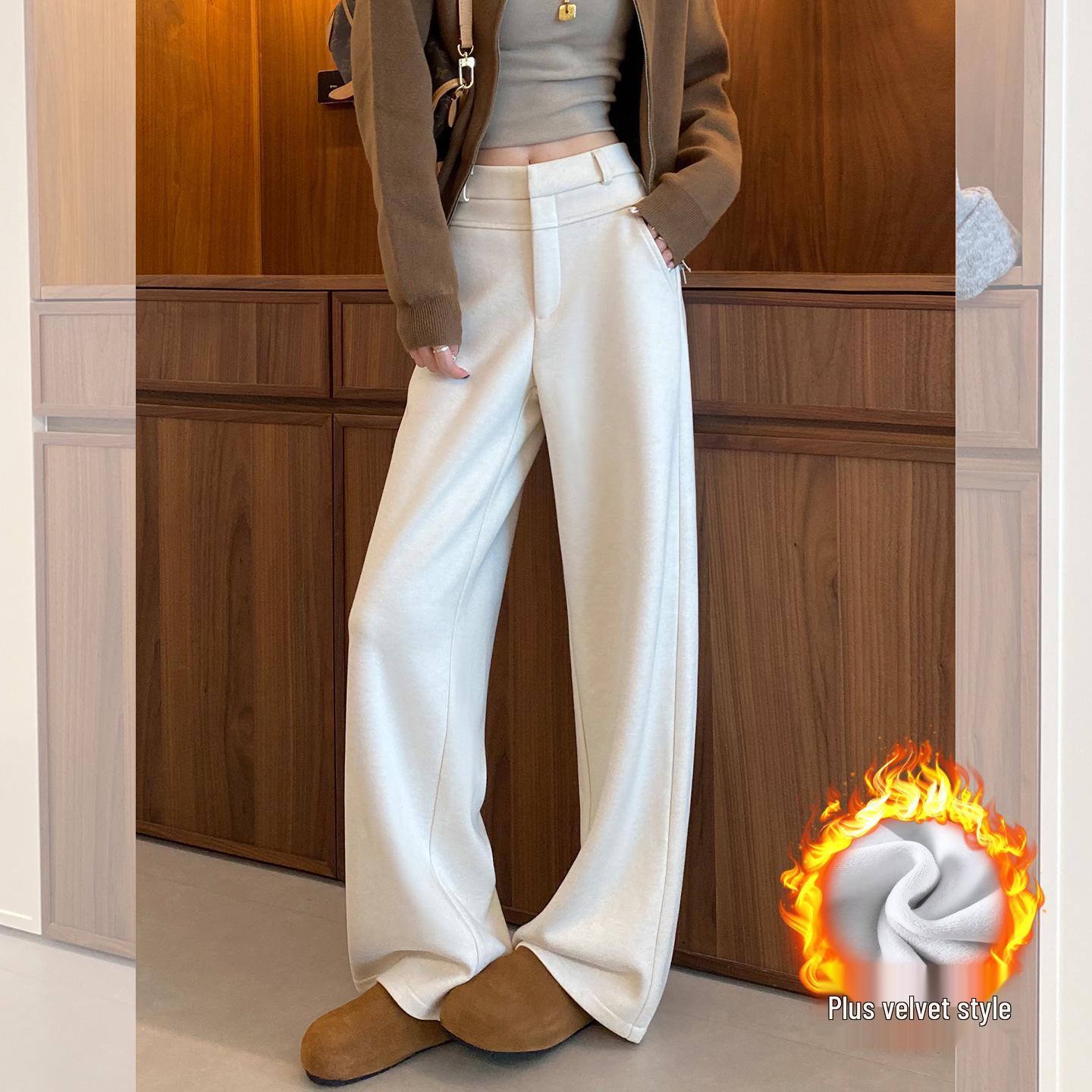 White Velvet Wool Blend Wide-Leg Pants for Women - Fall/Winter Plus Size Slimming Straight Leg Suit Pants M