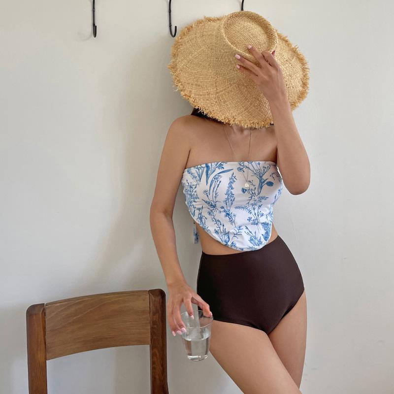 

Корейский Шик Ретро Купальник Без Бретелей Холтер: Утягивающий раздельный топ-ками для женщин XL цветочный