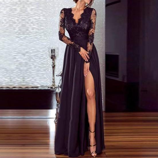 Women Evening Dress Solid Color Elegant Sweet Pleated Temperament See-through Lace Sexy High