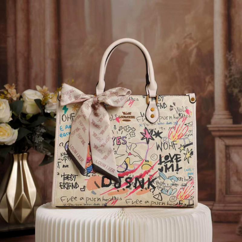 Large Capacity Tote Bag Women With Graffiti Print Soft PU Shoulder Handbag Daily Use