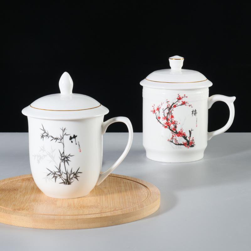 Meilan bamboo chrysanthemum ceramic teacup household large-capacity water cup with lid office meeting cup gift cup set lettering