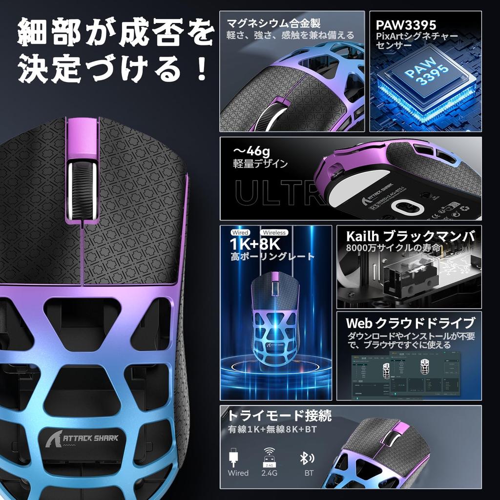 ATTACK SHARK R3 Gaming Magnesium Alloy Gaming Wireless 8000Hz PAW3395 26000 Fast Ergonomic Sticker Included Standards Compliance Certificate Mouse,