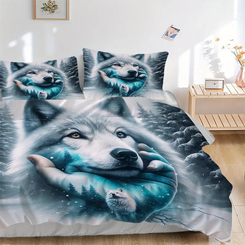 3pcs Wolf amidst Snowy Forests Bedding Set - 1 Soft Quilt Cover + 2 Pillowcases, Machine Washable - Suitable
