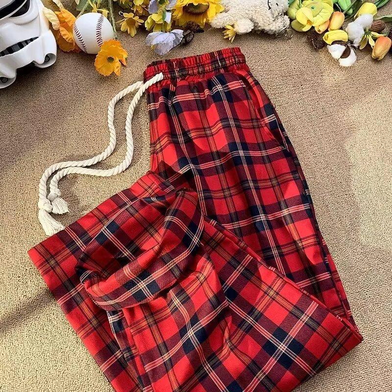 

Универсальные брюки в корейском стиле, ретро-клетка, эластичная талия, стройнящие, повседневные Extra Large красный