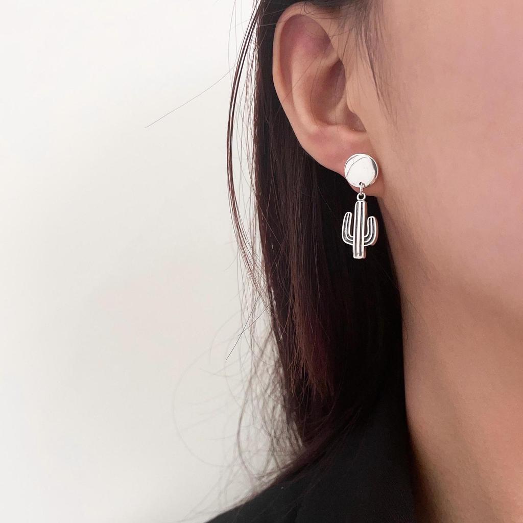 Korean Trendy s925 Sterling Silver Cactus Stud Earrings for Women - Retro Style, Simple, and Stylish.