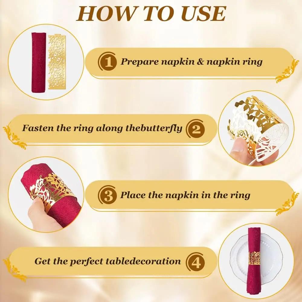 25/50Pcs Disposable Rose Flower Paper Napkin Rings Laser Cut Foil Paper Napkin Holder, Leaf Vine Serviette Rings For Table Decor