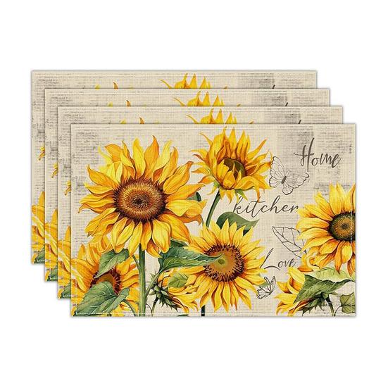 4 Pezzi Tovagliette Girasole in Lino, 18x12 Pollici Tovagliette Riutilizzabili per Tavola da Pranzo, Tappetini da Tavola Antiscivolo Isolanti dal Calore per Tavola da Pranzo di Casa, Festa Estiva