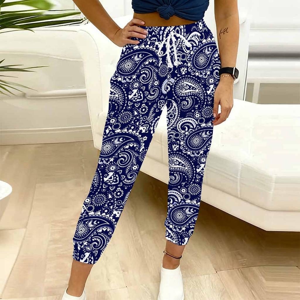 Pantaloni della tuta da donna estivi con stampa a fantasia vintage, vestibilità larga, con coulisse, polsini elasticizzati, pantaloni casual da giorno