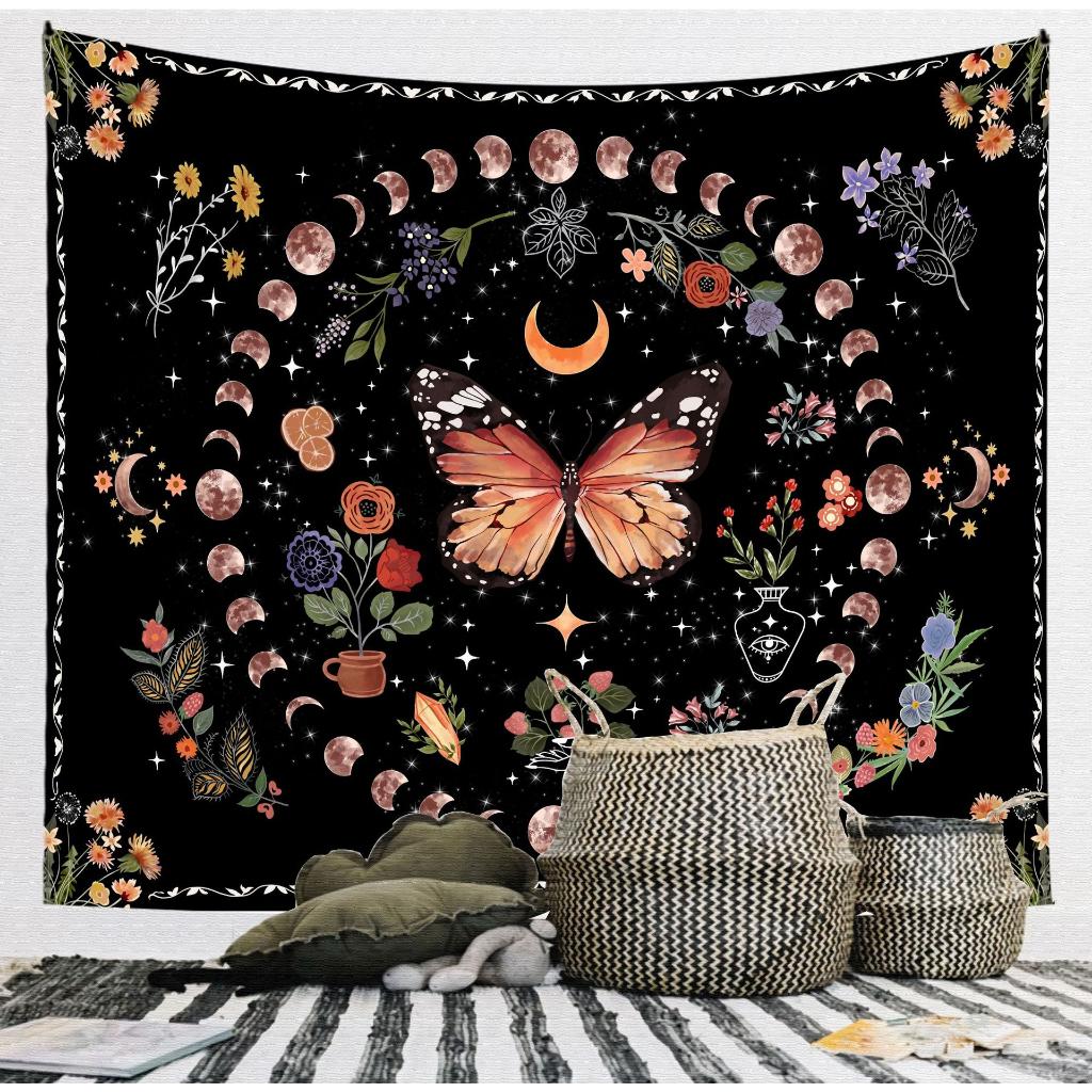 VIKAMA Vintage Floral Moon Phase Tapestry Bohemian Flower Star Moon Wall Blanket for Bedroom Living Room Dormitory Decor