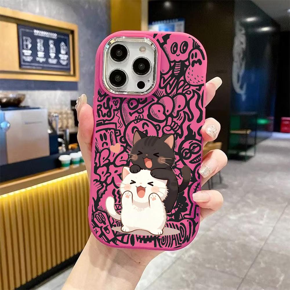 Phone Case: 2D Flat Design Suitable for iPhone 18 17 16 15 14 13 Pro Protective Case, Couple Style, Two Little Cats, Christmas and Halloween Gift