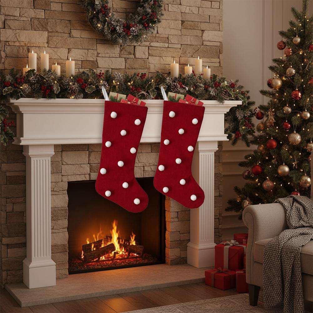 4-Pack Rustic Plaid Christmas Stockings With Bow & Pom-Pom Holiday Fireplace Mantel Decor Candy Bags Farmhouse Home Decoration