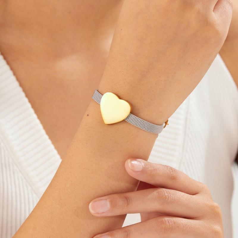 Two-tone Mesh Band Gold Heart Charm Bracelet for Women