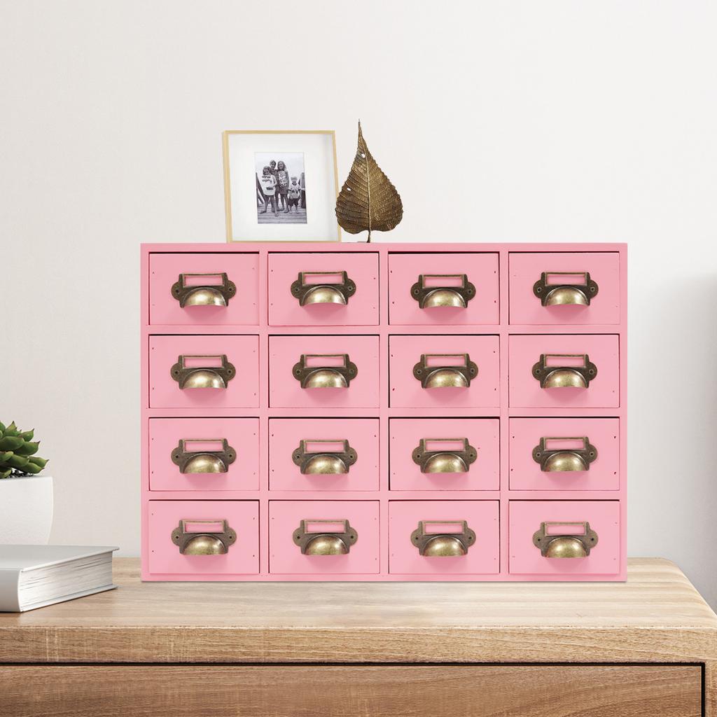 16-Compartment Drawer Storage Cabinet – Vintage Pink Solid Wood Desktop Organizer – 22 lbs Load Capacity
